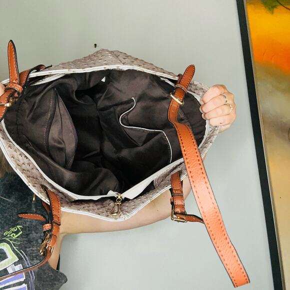 SCARLETON Rose Pink Synthetic Faux Ostritch Leather Brown Handles Zipper Bag - Picture 11 of 12